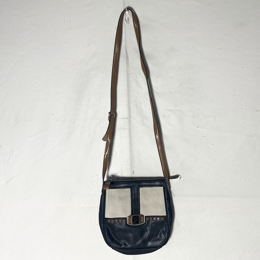 Guess Black Faux Leather Ivory Canvas Cross Body Bag Purse